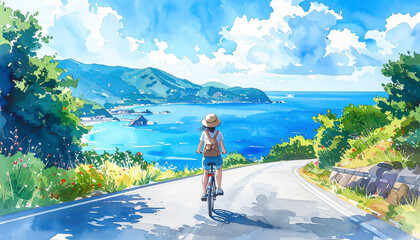 サイクリング中の女性が坂道を下る海辺の風景　水彩画風イラスト
