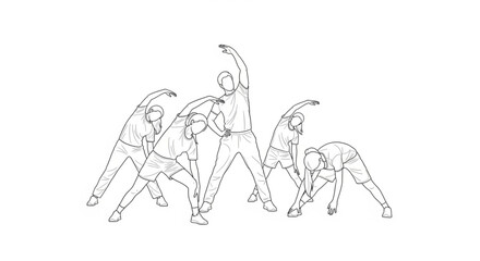 Group of people practicing yoga poses together in a serene outdoor setting from a high viewpoint