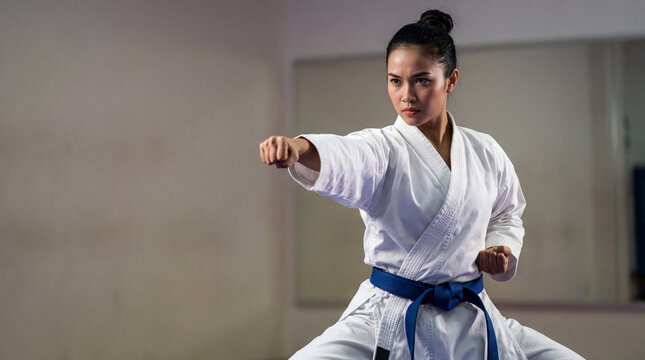 Determined Asian woman performing a karate punch. Martial arts athlete training in a dojo with blue belt. Powerful female fighter in action