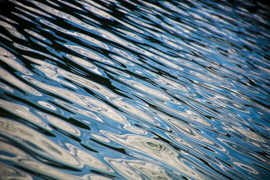 Abstract diagonal pattern of ripples and reflections on blue water, textured liquid surface background.