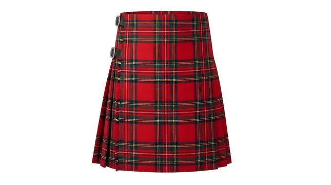 Red tartan kilt with black leather buckles and pleats, traditional Scottish wool garment isolated PNG with Transparent Background