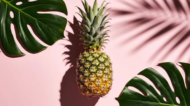 Tropical Pineapple and Monstera Leaves on Pink Background.