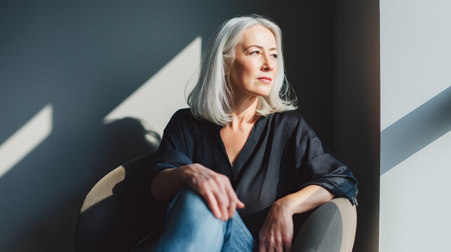 Stylish mature woman gazes pensively into distance bathed in striking geometric natural sunlight.