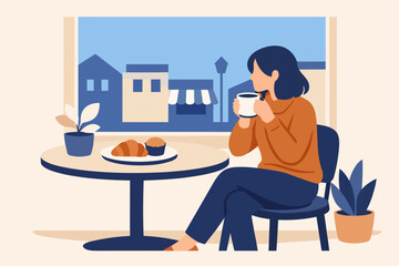 Fototapeta premium Woman enjoying coffee and pastry at cafe window, urban views, morning relaxation