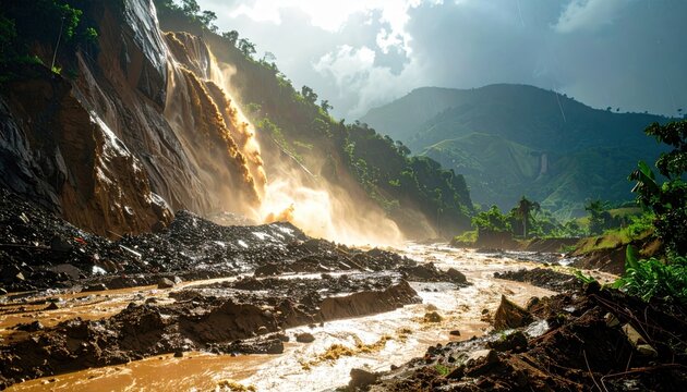 FlyPro Firefly captures a dramatic geological hazard with a widespread landslide and mudflow caused by intense rainfall, illuminated by pouring light.