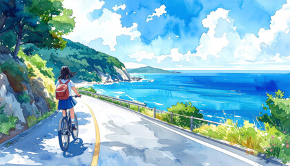 Fototapeta premium 海沿いの道を自転車で走る少女の水彩画風イラスト