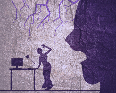 Abused young woman. Crying woman woman working on laptop in office and harassed by her boss. Aggressive man blaming and threatening. Social concept of sexual assault, violence and harassment.