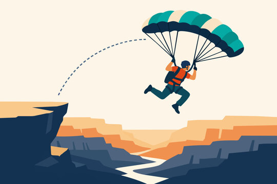 Person base jumping from a cliff in a canyon, embracing freedom and extreme adventure