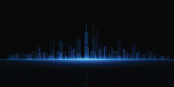 A digital blue technology backdrop featuring a glowing music frequency equalizer and sound wave pulse illustration designed with a modern cityscape waveform