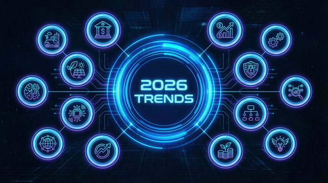 A colorful graphic of a circle with a number of different symbols and the word 2026 trends written in the center