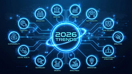 Obraz premium A blue and white graphic of a circle with many different icons and the words 2026 Trends written in the center