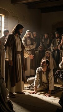 Jesus Christ performs a miracle, healing a paralytic man who is crawling, demonstrating divine power and faith in religious scripture, bible theology