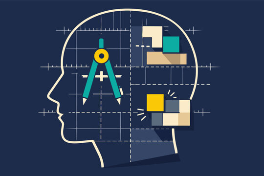 Brain with blueprint grid, compass, and puzzle pieces representing logical thinking