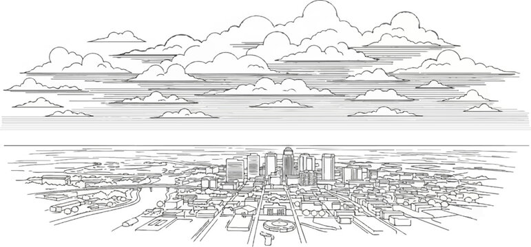 A stylized drawing of a sprawling city skyline under a cloudy sky