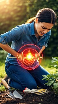Experiencing stomach discomfort with heartburn and pain, indicative of gastritis or a stomach ulcer, possibly due to reflux while gardening outdoors