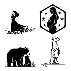 Mothers Day motherhood and wildlife silhouette bundle with maternity icon bear cub and meerkat family © Sojib