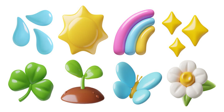 Spring 3d emoji set. Cute minimal weather elements and plant icons - sprout, leaf, flower, butterfly, water drops, rainbow, sun, stars. Vector illustrations isolated on white. 