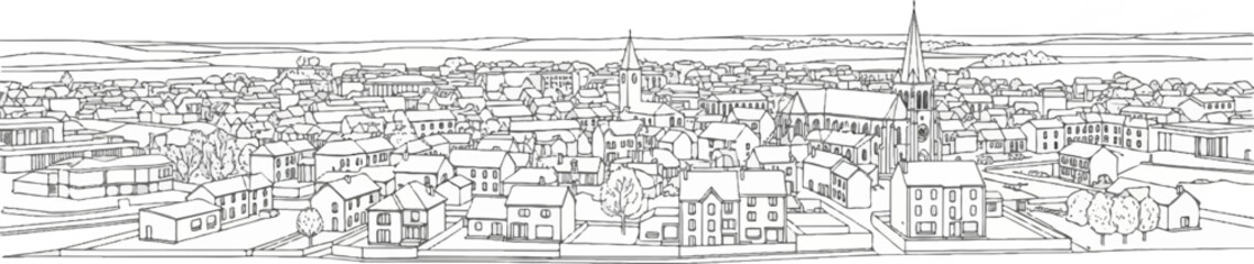 Fototapeta premium A sketched aerial view of a town with a prominent church and many houses