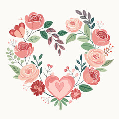 Pink and red floral heart with roses and leaves