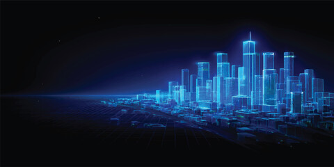 Abstract blue vector illustration of an urban city skyline at night featuring stylized building silhouettes and skyscraper architecture in a modern business design © JAHURA