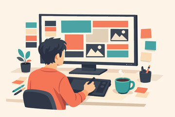 Fototapeta premium Creative designer working on graphic project using computer and digital pen tablet