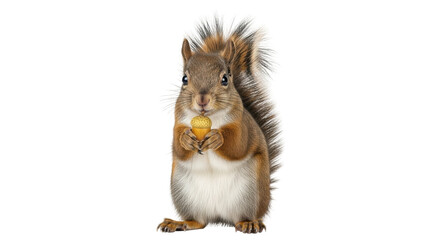 Fototapeta premium Isolated squirrel holds acorn, looking forward, cute red rodent with bushy tail studio shot