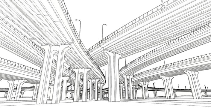 Complex interchange of elevated concrete highways, viewed from below, showing supporting pillars