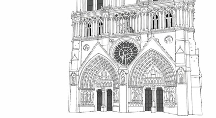 Fototapeta premium Detailed line drawing of a grand Gothic cathedral facade with rose window and sculptures