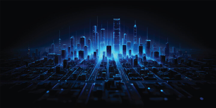 Abstract blue technology background with glowing fiber optic lights and digital network waves