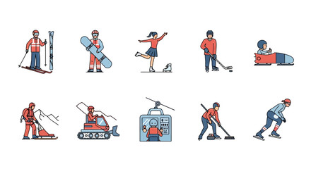 Ten icons representing winter sports and mountain support activities on a white background © Faisal