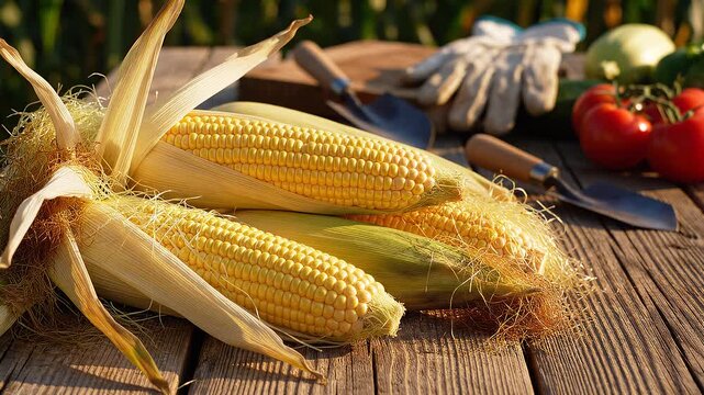 Fresh corn on the cob with vegetables on a rustic wooden table outdoors in a garden