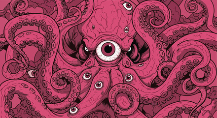 A close-up illustration of an octopus with tentacles wrapping around its central body viewed from the front © faisalaladabi