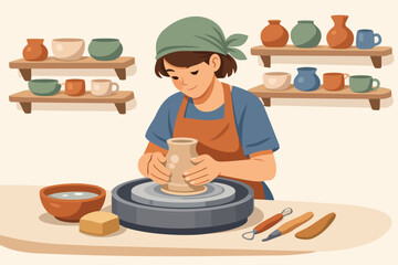 Woman working on a pottery wheel creating clay ceramics, craft hobby workshop