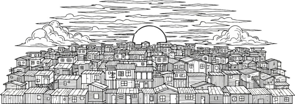 Dense, hand-drawn cityscape with a semicircular sun behind clouds