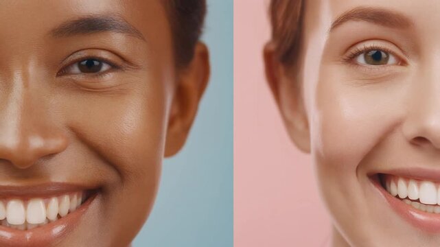 Diverse women smiling with colorful light on face in studio