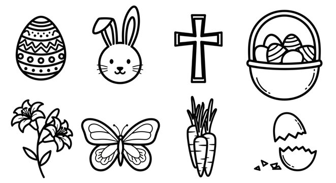 Collection of black and white Easter holiday and spring season line art icons