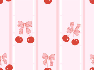 Seamless cherry pattern with red bows on pastel striped background.