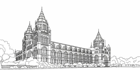 Fototapeta premium Detailed line drawing of a grand, symmetrical, historic building with multiple towers