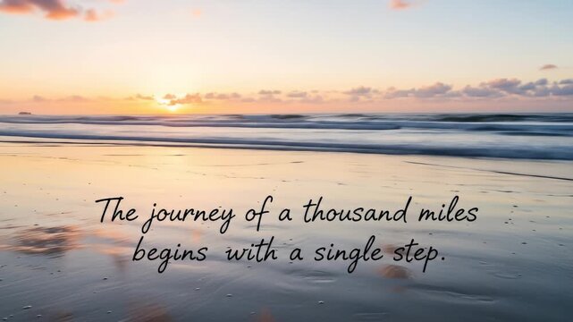 Serene sunset over a tranquil beach with gentle waves and inspiring quote in the foreground