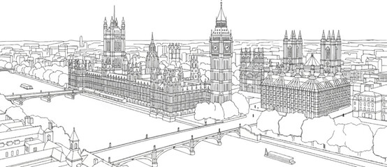 Fototapeta premium Line drawing of a grand gothic architecture complex beside a river