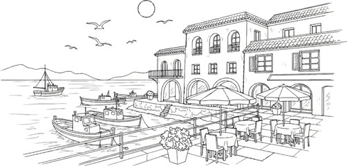 Obraz premium Line drawing of a Mediterranean harbor scene with boats, buildings, and outdoor seating