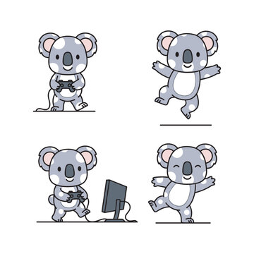Cartoon koala using computer and dancing happily with copy space