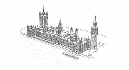 Fototapeta premium Ornate gothic building with clock tower sits beside a river with a barge