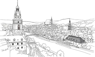 Panoramic line art sketch of an ancient European town with a prominent tower and winding river