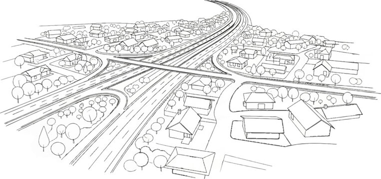 Overhead sketch of a suburban neighborhood intersected by a highway overpass
