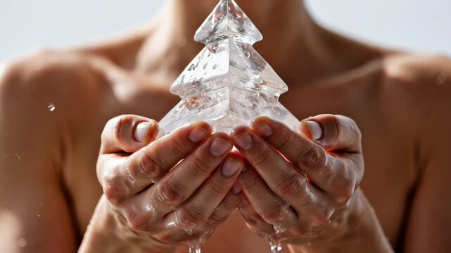 Close-up of a person holding a transparent ice sculpture shaped like a Christmas tree  with a blurred background emphasizing craftsmanship and artistic detail