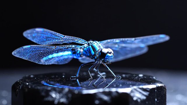 Metallic blue dragonfly sculpture on black pedestal with reflective surface, dark background, studio lighting
