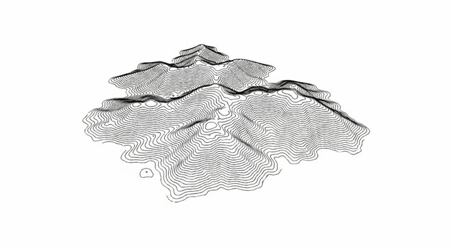 Topographic contour map illustrating undulating terrain and peaks with distinct elevation lines