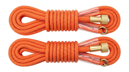 Isolated orange nylon climbing rope with gold metal tip, coiled, mountain, rescue, accessory © Corman