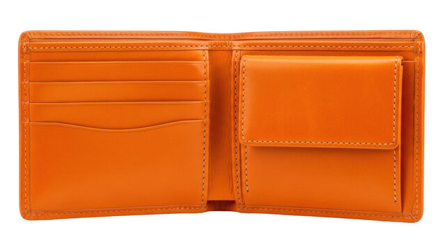 Isolated orange leather wallet opened to show pockets, minimalist design, fashion item